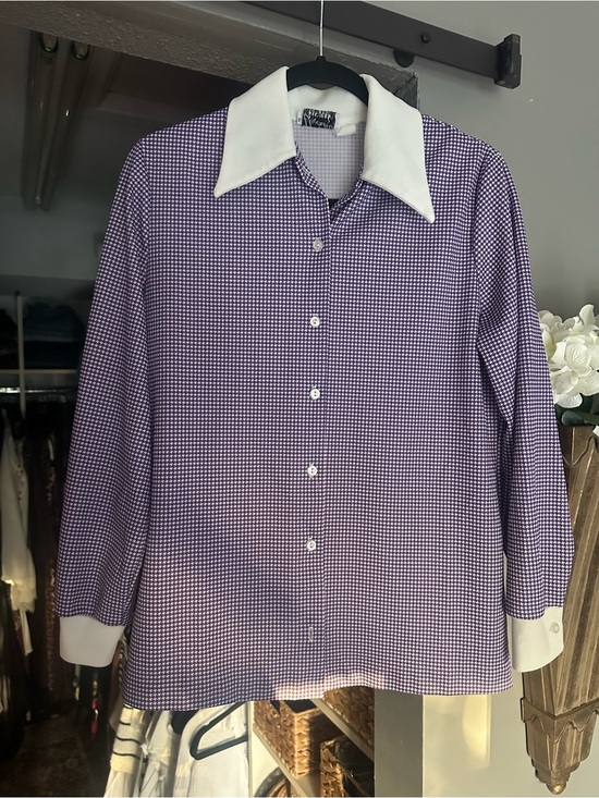 Devonette Tops - Vintage Purple Gingham Button-Up Shirt with White Collar